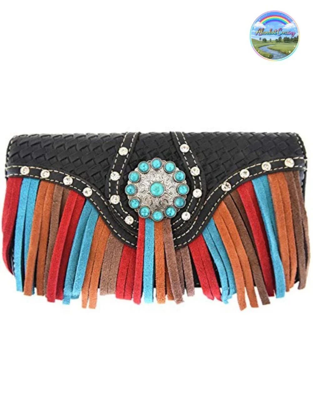 Fringe Conchos Gem Rhinestone Woven Leather Purse Shoulder Bag Wallet Set